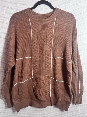 BKE Men's Brown Cable Crewneck Sweater with Contrast Piping